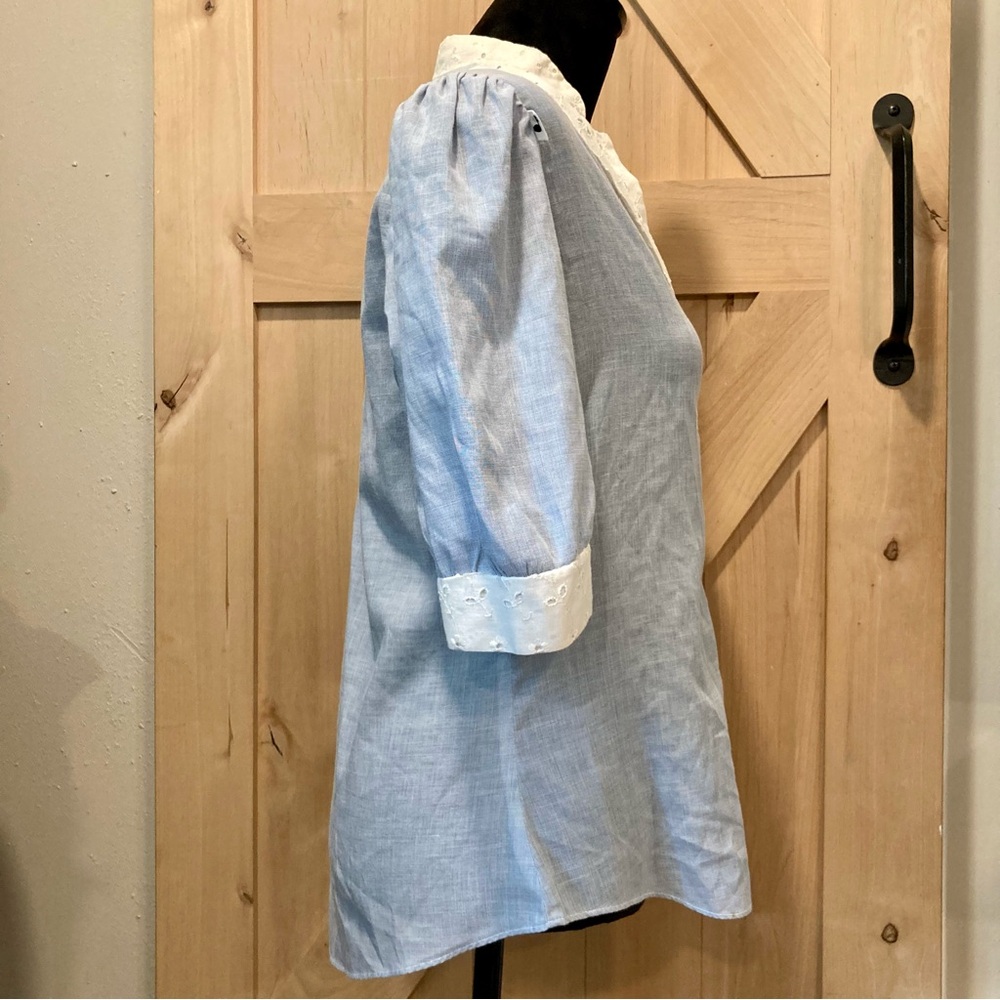 Vintage Blouse Light Blue with White Eyelet Trim and Puffy Shoulders - Picture 7 of 14